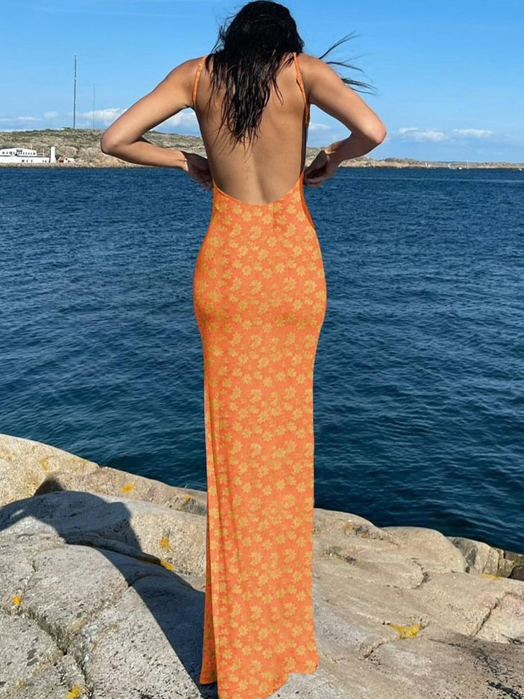Women Midi Slip Floral Dress Print Backless Sleeveless Elegant Slim Bodycon Spring Summer Holiday Fashion Sweet Orange