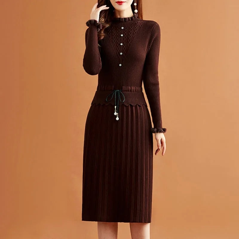 Two Pieces Pleated Knitted Dress Women Vintage Elegant Bottoming Sweater Dresses Slim Long Sleeve Fall Winter Midi Vestidos brown