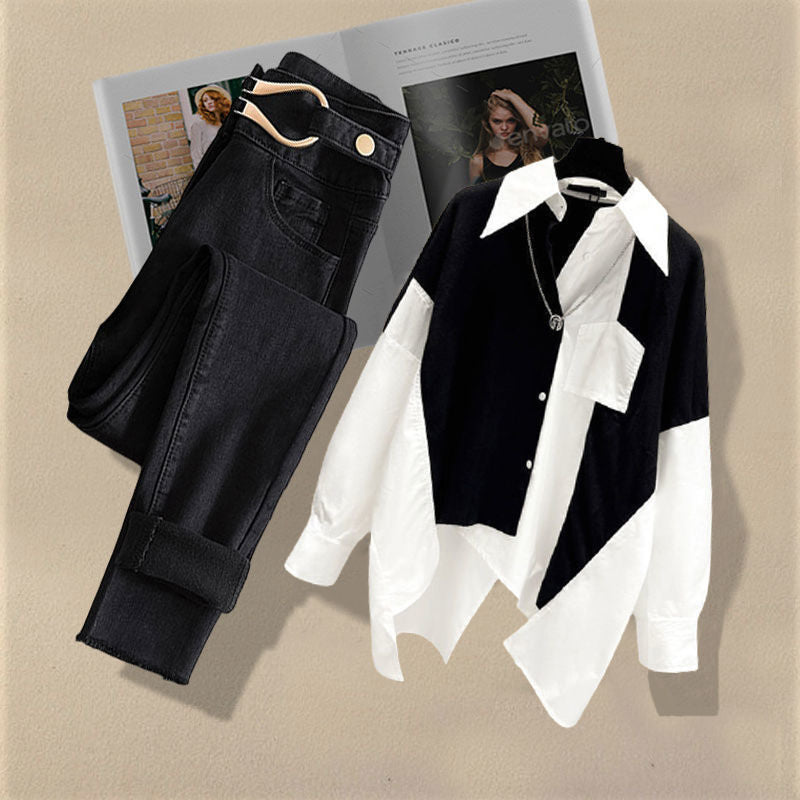 Spring and Autumn Set Women's New Dress Western Shirt Top Versatile Jeans Two Piece Y2k Clothes Women's Pants