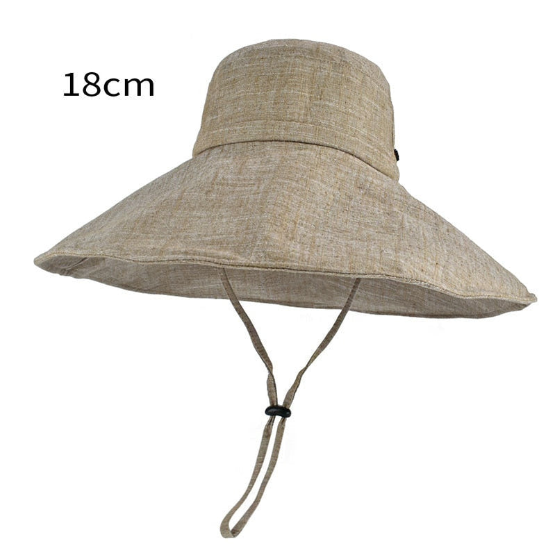 Wide Brim 18cm Linen Sun Hats for Women Uv Protection UPF 50+ Sunshade Foldable Bucket Hat Beach Outing Panama khaki 55-60cm