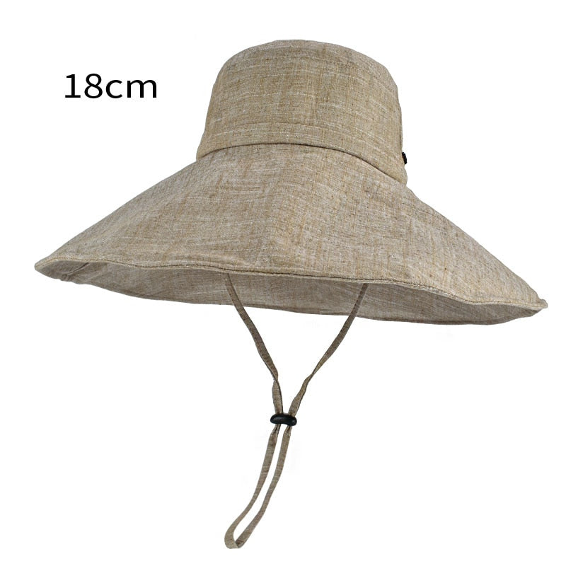 Wide Brim 18cm Linen Sun Hats for Women Uv Protection UPF 50+ Sunshade Foldable Bucket Hat Beach Outing Panama khaki 55-60cm