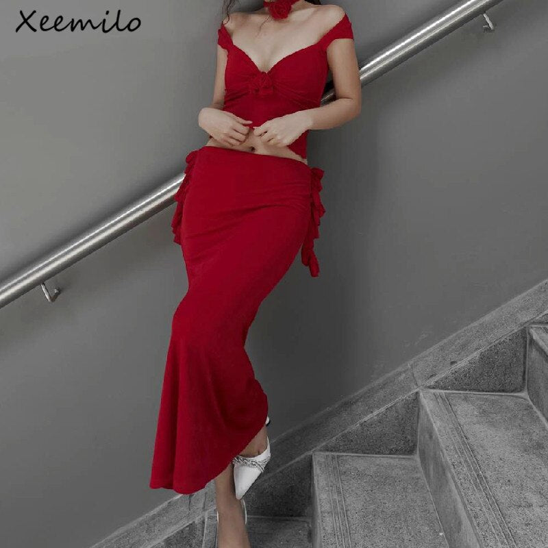 Sexy Three-dimensional Flower Low-cut Crop Top With High-waist Ruffles Long Hip Skirt 2023 Elegant Women Party Outfits