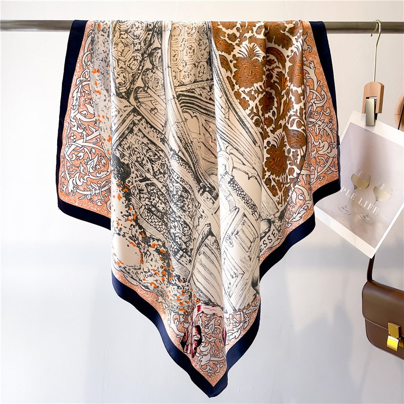 Fashion Print Printing Twill Silk Square Scarf for Women Hijab Muslim Headband Bandana Summer Shawl Beach Stoles Echarpe FN128-2