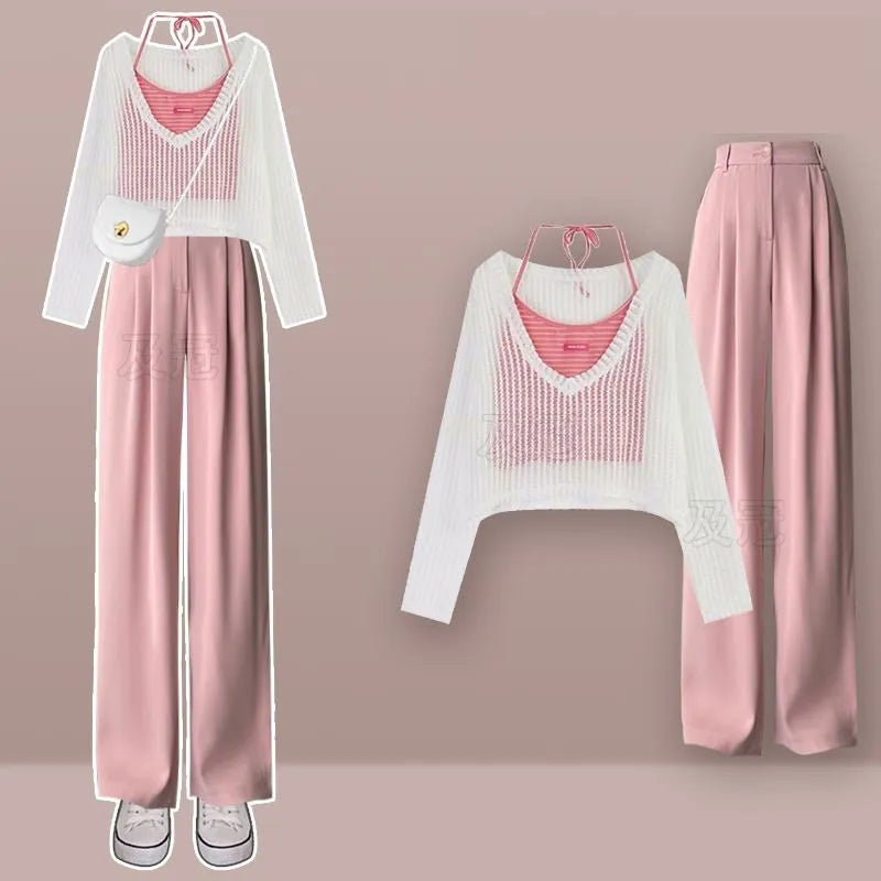 Women's Summer Fashion Hollow Out Shirt+Suspender+Wide Leg Pants Three Piece New in Matching Set Korean Elegant Tracksuit Pink Three-Piece
