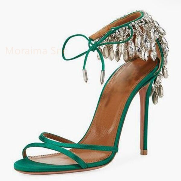 Green Gold Stiletto Women Sandals Bling Diamond Tassel High Heels Peep Toe Glittering Crystal Fringed Party Wedding Shoes Summer green Spain