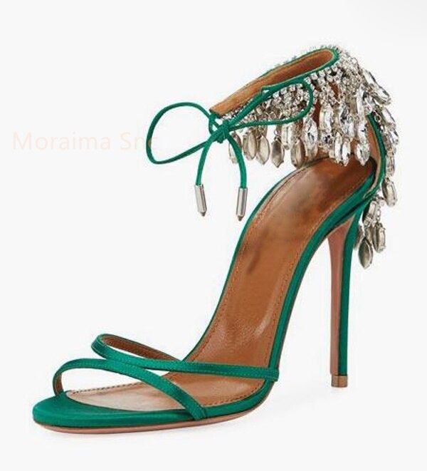 Green Gold Stiletto Women Sandals Bling Diamond Tassel High Heels Peep Toe Glittering Crystal Fringed Party Wedding Shoes Summer green Spain