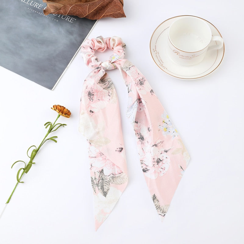 Fashion Print Chiffon Long Ribbon Scrunchies Women Girls Ponytail Scarf Elastic Hair Bands Ties Hair Accessories Wholesale 5