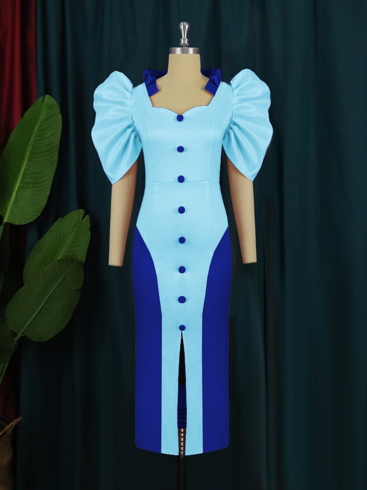 Party Sexy Pink Dresses Women High Slit Short Puff Sleeve Button Robes Celebrate Homecoming Event Outfits Summer Vestidos Blue