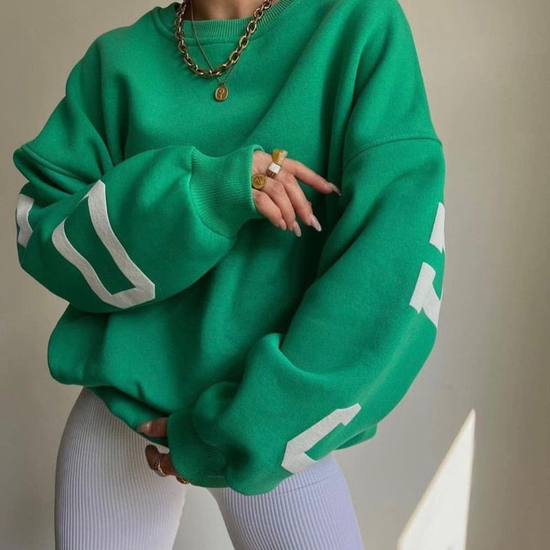 Women Casual Sweatshirts Fashion Letters Print O Neck Long Sleeve Pullovers Tops Vintage Loose Autumn Y2k Hoodies Streetwear