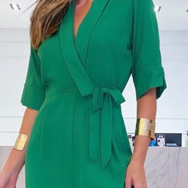 Half Sleeve Wide Leg Work Jumpsuit Summer Women's Bodysuit New Fashion Elegant Office High Waist V-Neck Lace Up Style