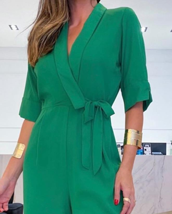 Half Sleeve Wide Leg Work Jumpsuit Summer Women's Bodysuit New Fashion Elegant Office High Waist V-Neck Lace Up Style