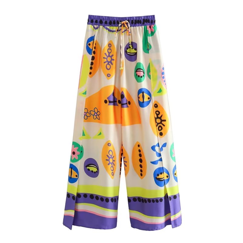 Woman Shirts Pants Sets New Summer Geometric Print Loose Long sleeved Shirts Fashion Elastic Waist Wide Leg Pants Outfits Pants-Multi