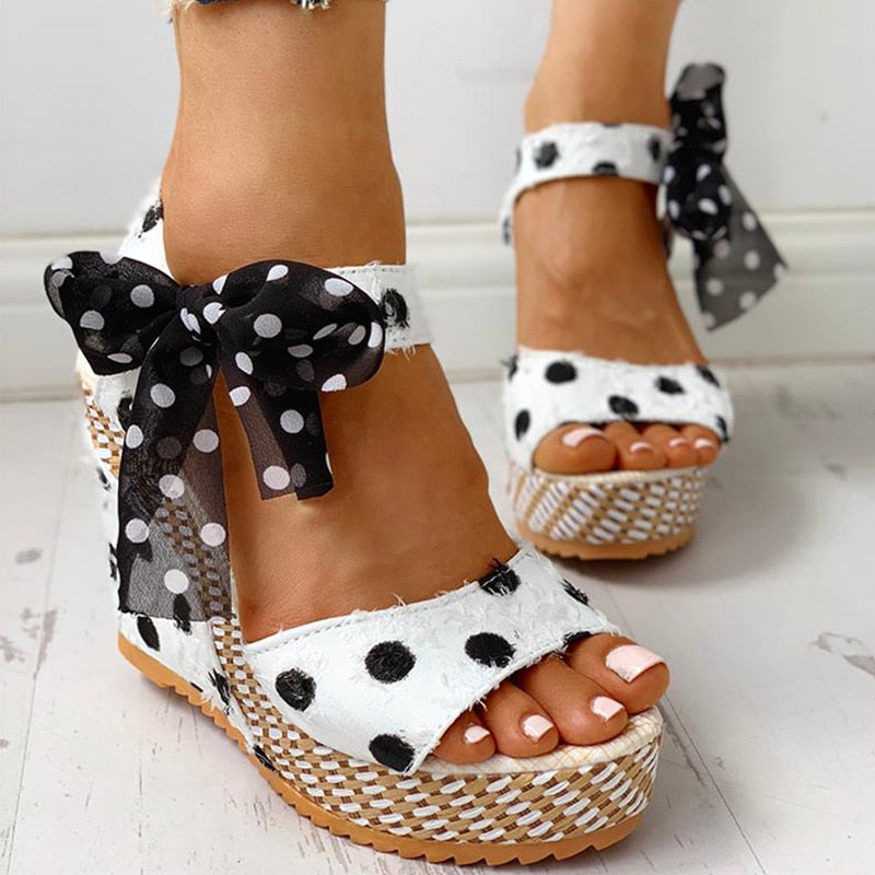 Women Sandals Dot Bowknot Design Platform Wedge Female Casual High Increas Shoes Ladies Fashion Ankle Strap Open Toe Sandals