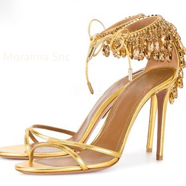 Green Gold Stiletto Women Sandals Bling Diamond Tassel High Heels Peep Toe Glittering Crystal Fringed Party Wedding Shoes Summer gold Spain