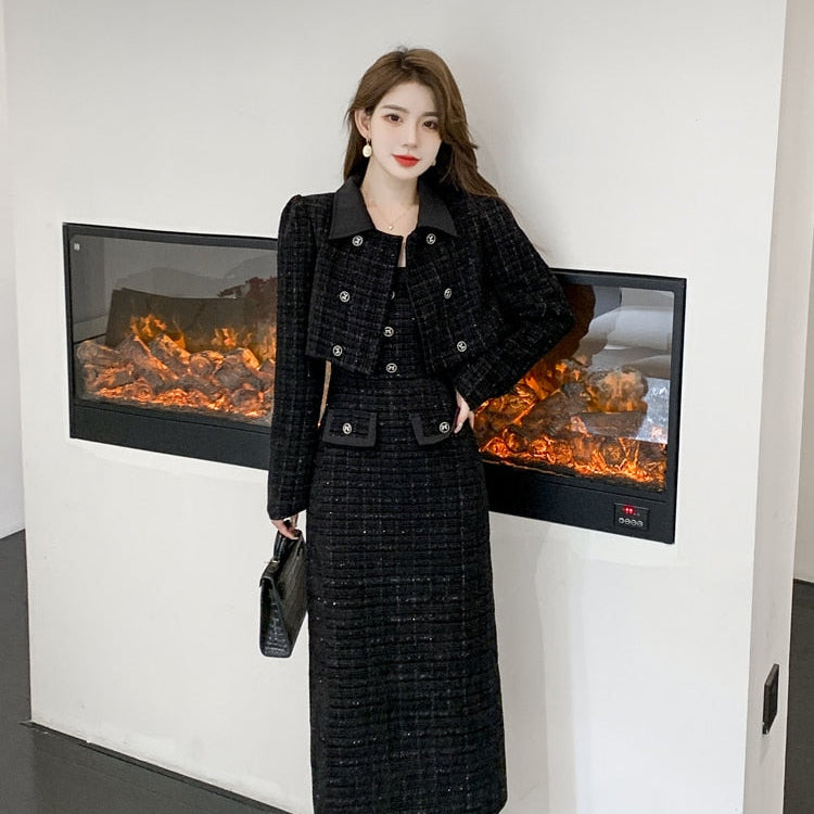 Luxury Tweed Two Piece Set Women Outfits Female Vintage Lapel Short Jacket Coat+Spaghetti Straps Dress Suit Fall Winter Woolen S