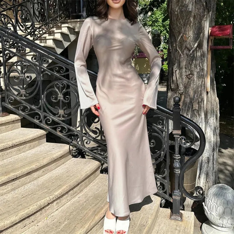 Satin Fashion Slim Maxi Dress For Women Long Sleeve High Waist Elegant Solid Party Dress Casual Luxury Ladies Autumn Dress Haze
