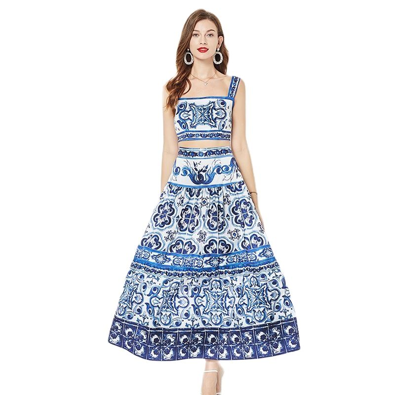 Summer Floral Dress Sets Women 2 Piece Outfit Sexy Slim Tops and Skirt Party Set Suspender Strap Suit Ballgown Frocks