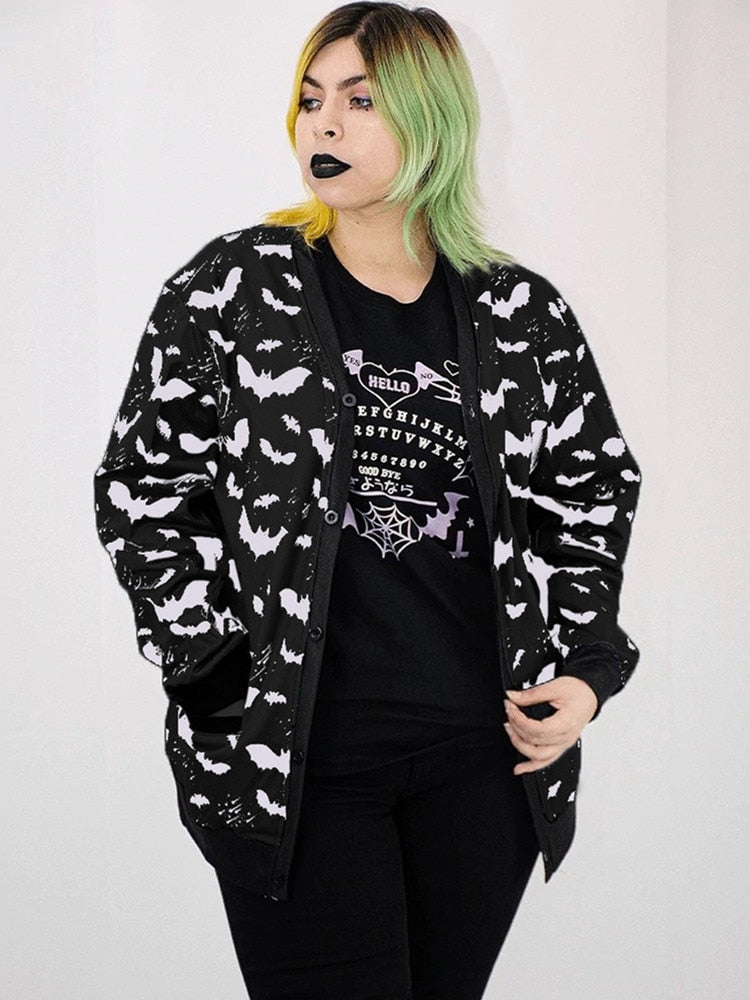 Gothic Black Bat Print Ladies Jacket Fall Loose Casual Zip-Up Top Y2K Party Fashion Top Black