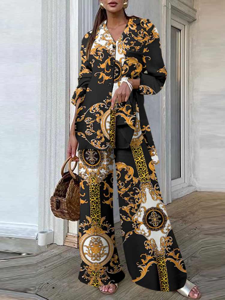 Fashion Women Leopard Print Pant Sets Casual Loose Tops and Pant Outfits Autumn Wide Leg Pant Leisure Two Piece Sets (Printed 2)Black