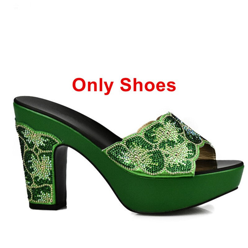 Latest Design Red Color Matching Women Shoes and Bag Set Decorated with Rhinestone African Shoe and Bag Set for Party In Women Green Only Shoes