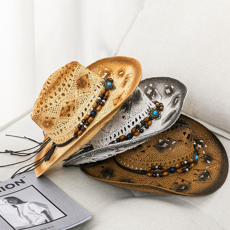 Fashion Rolled Jazz Cowboy Straw Hat Spring And Summer Men And Women Gem Strap Beach Sun Cap Outdoor Sun Shade Hollow Knight Hat