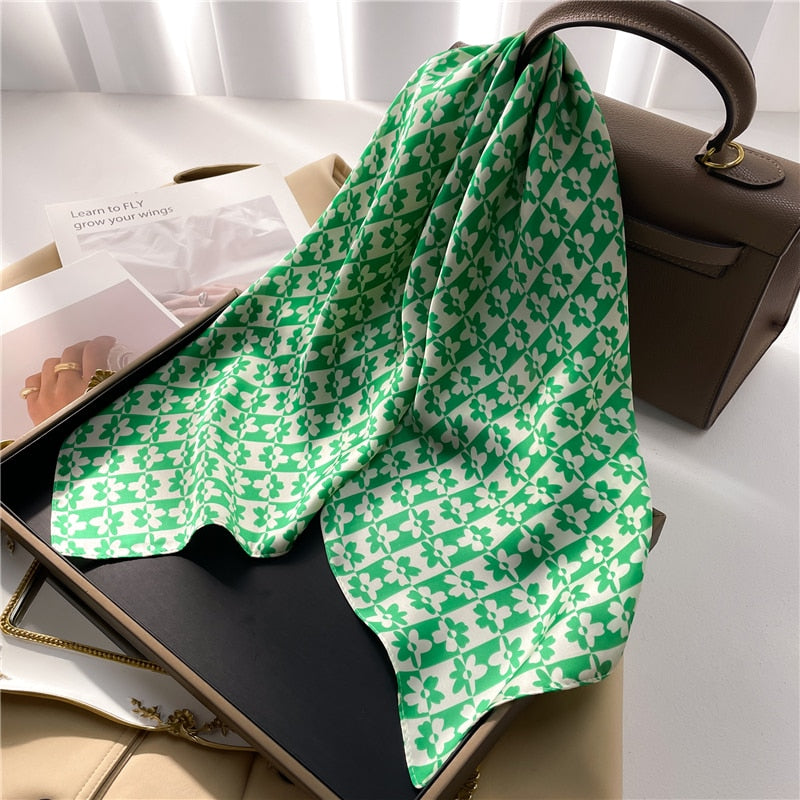 Fashion Hair Scarf for Women Decor Headband Ribbon Satin Silk Square Scarves Lady Wrist Wrap Shawls Design Bandana Foulard FJ711-1