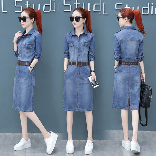 spring and fall Denim blue Rivet Knee-Length party dress women omighty shirt bodycon club dress Blue