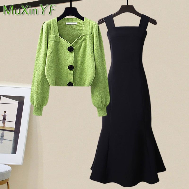 Women's Spring Autumn Fashion Knitted Sweater+Strap Dress Two-piece Korean Elegant New in Matching Sets Female Skirt Suit