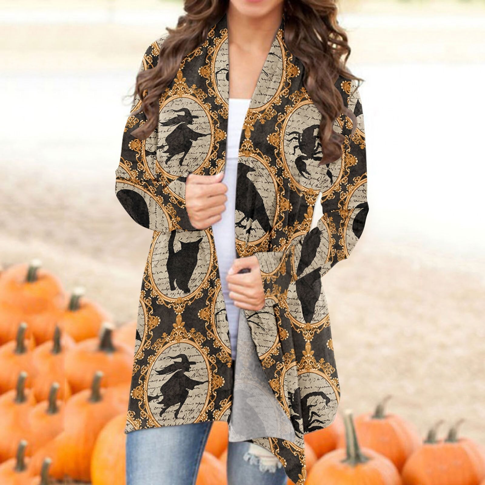 Halloween Skull Black Cat Print Long Sleeve Cardigan Autumn Winter Casual Open Stitch Long Top Ladies Elegant Cardigan Outerwear Coffee