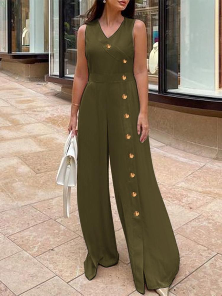 ZANZEA Fashion Wide Leg Pant Long Rompers Sexy V Neck Jumpsuits Casual Summer Sleeveless Waisted Buttons Split Playsuits Green