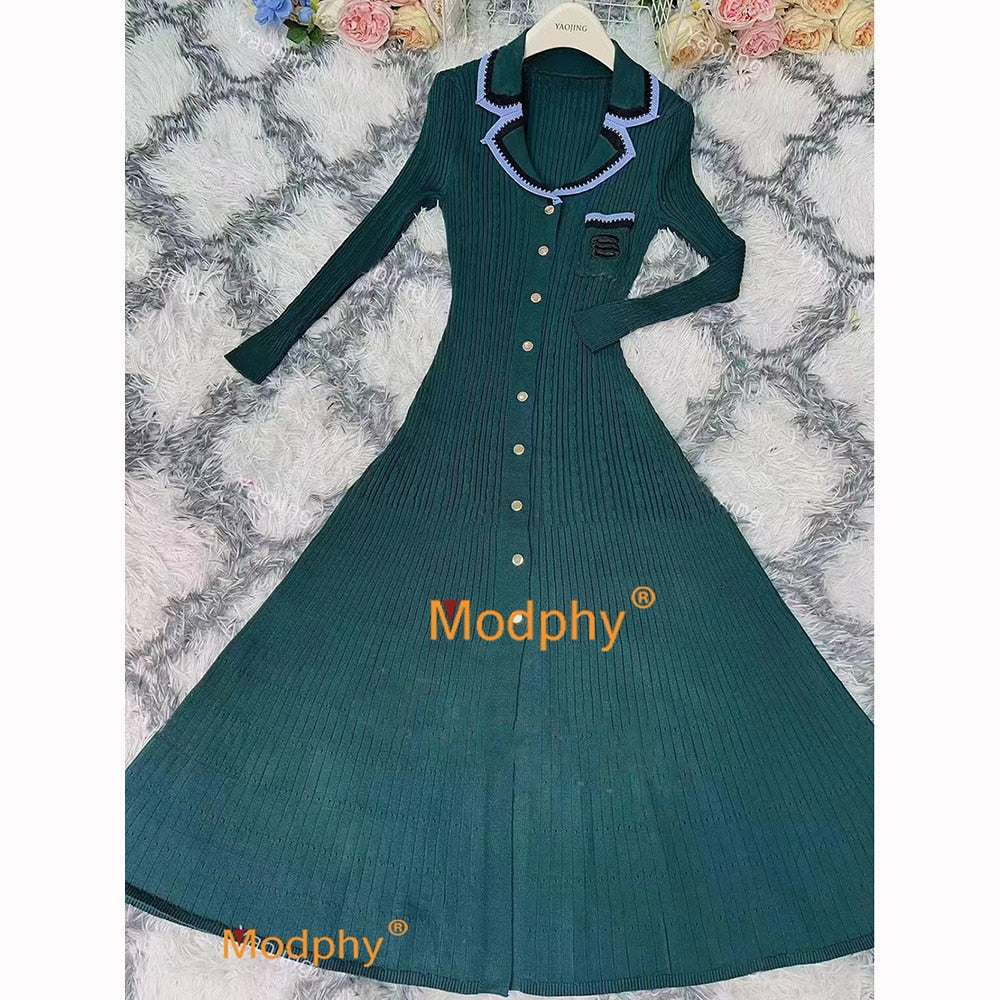 Modphy Elegant Slim Knitted Long Dress Women's Single breasted Long sleeved Designer Slim Vintage Dresses Autumn green Long Sleeve