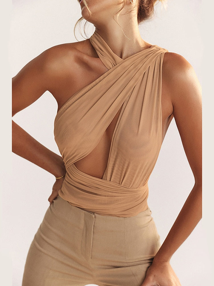 Fashion Bodysuit Sexy Halter Backless Hollow Jumpsuit Gauze Stitching High Waist Bodysuit Women's Statement Streetwear