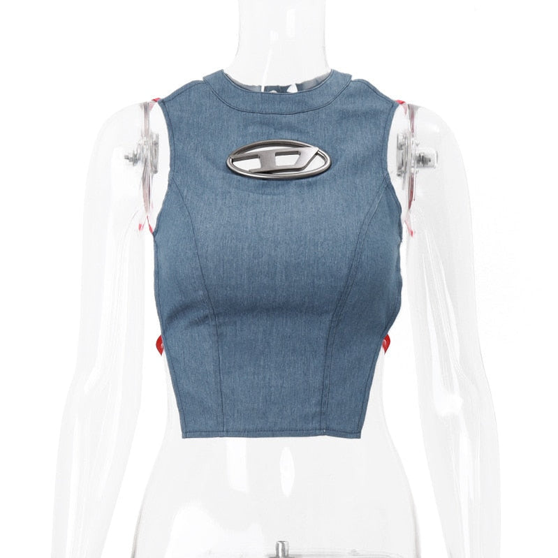 Y2k Women Blue Denim Slim Tank Top Backless Sexy Half-high Collar Crop Tops Lace-up Streetwear Irregular Corsets Vest 2023 Blue