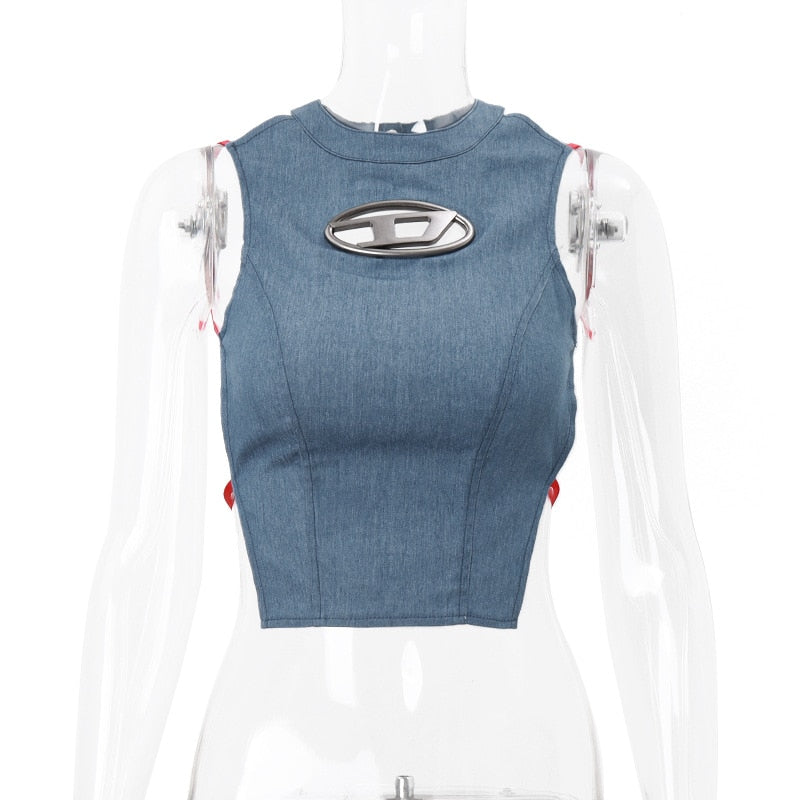 Y2k Women Blue Denim Slim Tank Top Backless Sexy Half-high Collar Crop Tops Lace-up Streetwear Irregular Corsets Vest 2023 Blue