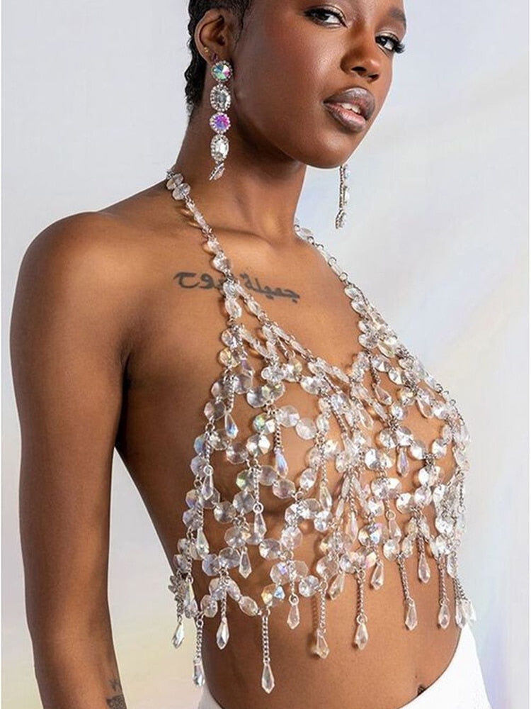 y2k Fashion Transparent Crystal Acrylic Tank Top For Women Sexy Hollow Out Backlesss Halter Solid Diamonds Nightclub Crop Tops