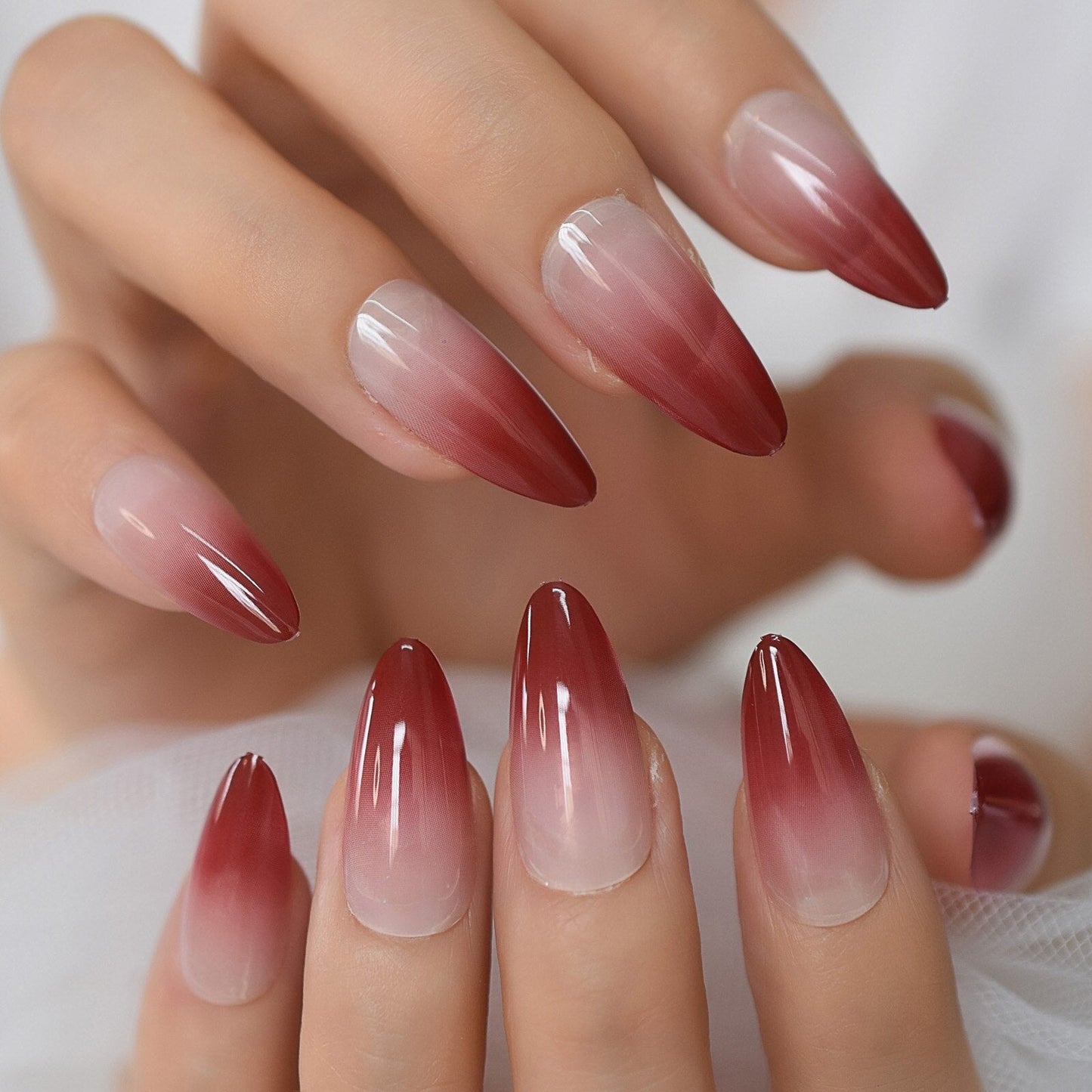 Glossy Gradient Rainbow Ombre French Press on Nails Almond Fake Nails Stiletto Oval Pointed Manicure False Nails Finger Tips