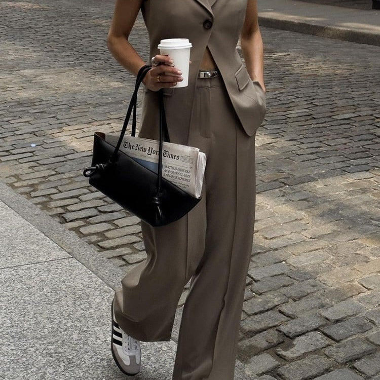 Casual Two Piece Sets For Women Notched Collar Detachable Long Sleeve Blazer High Waist straigth Trousers Solid Sets Female