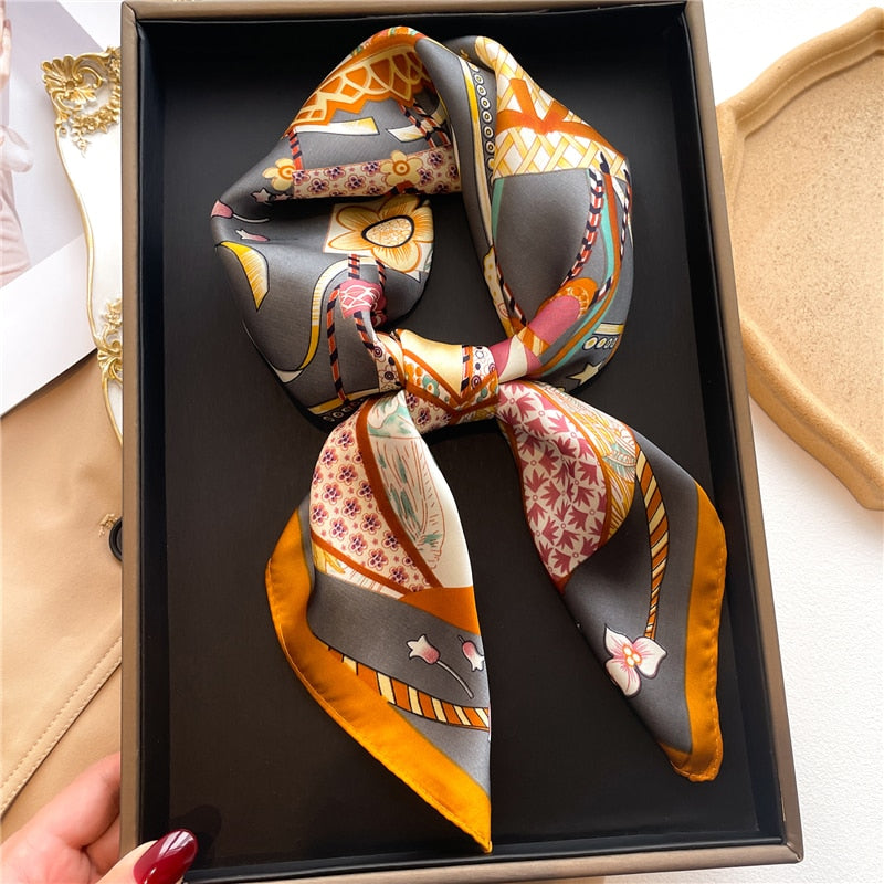 Luxury Print Satin Silk Square Scarf for Women Shawl Hijab Neckerchief Female Hair Ribbon Headband Fashion Wrap Bandana New FJ735-2
