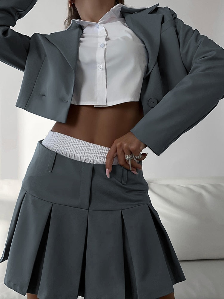 Casual Two Piece Sets Women's Fall Outfits New Black Matching Sets With Skirt And Blazer Cropped Top Suit For Women