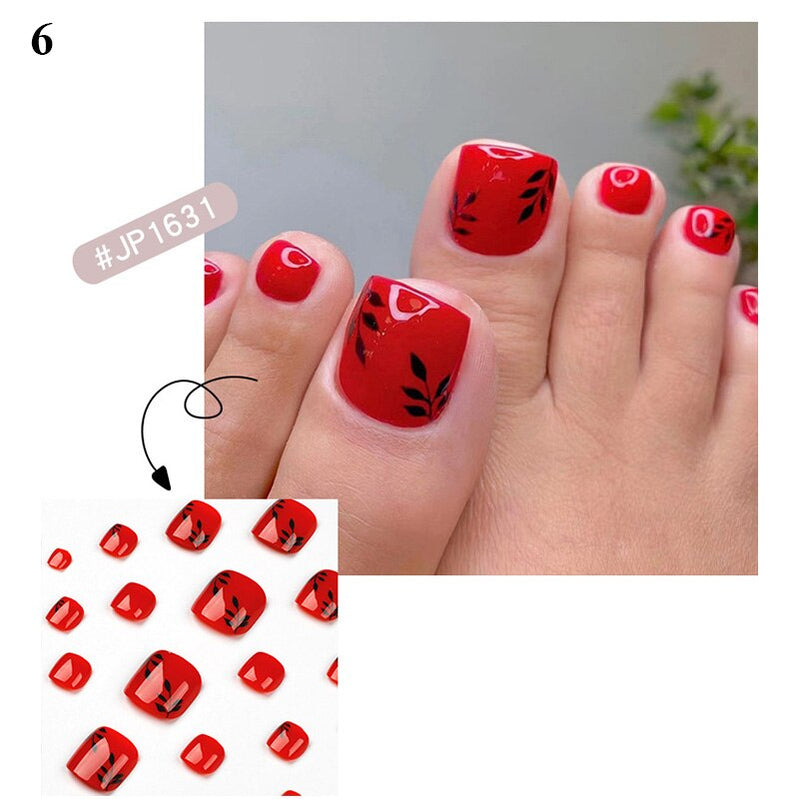 False Toenail 24Pcs/Box Toe Nail 3D Glitter Decor Press On Fake Nails With Glue Detachable Square Short Full Cover DIY Nail Tips 6