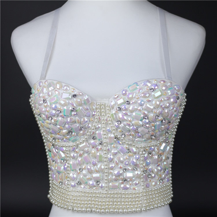 Women Tank Tops Luxury Sequined Rhinestone Pearl Wedding Push Up Bra Woman Clothes Camis Stage Ladies Crop Top Corset y2k Blusas