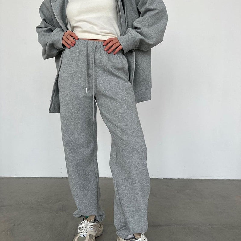 WOTWOY Causal Fleece Hooded Sweatshirts and Pants 2 Piece Sets Womens Outfits Autumn Winter Sweatpants Female Grey Pullovers