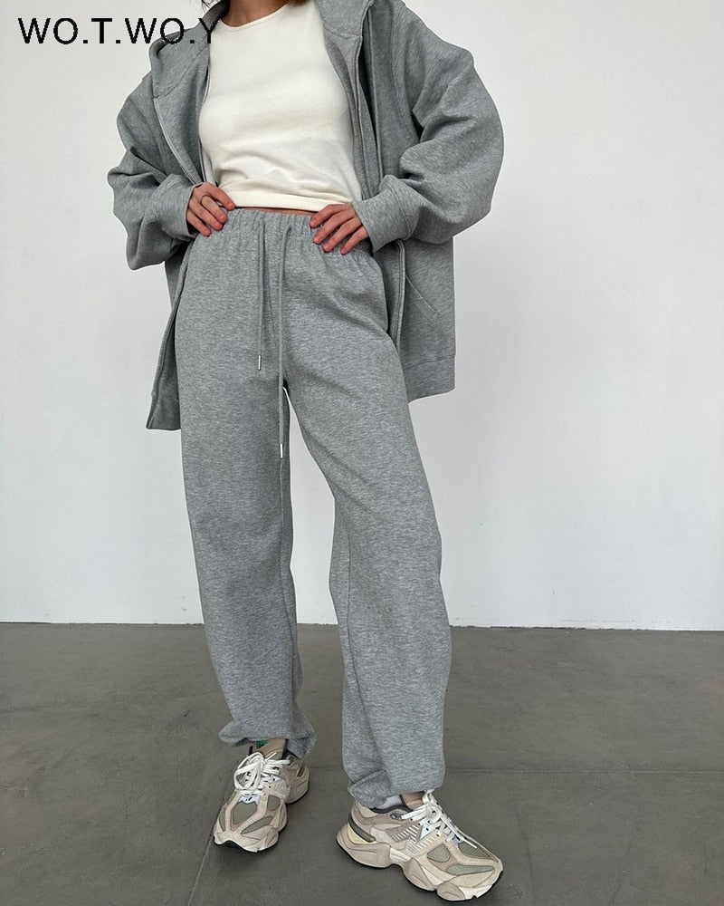 WOTWOY Causal Fleece Hooded Sweatshirts and Pants 2 Piece Sets Womens Outfits Autumn Winter Sweatpants Female Grey Pullovers