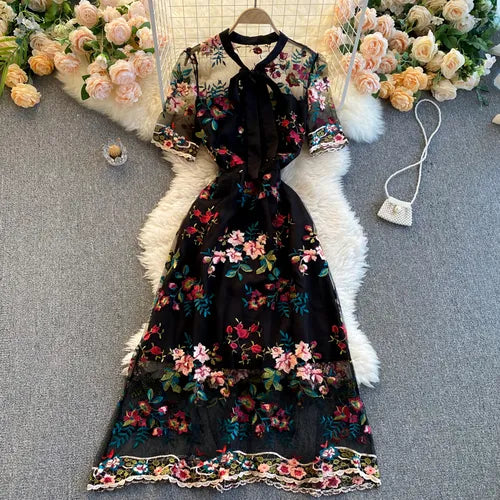 Summer New Arrival Women Vintage Mesh Floral Embroidery Maxi Dress Ladies Retro Bow A-line Slim Party Dress Plus Size Black