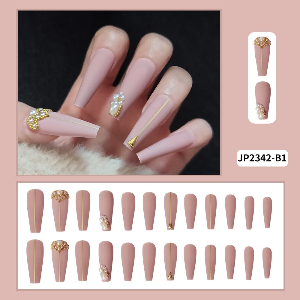 Sea Wave Carp Japanese Style Doodle False Nails Detachable Nude Pink Long Coffin Fake Nails with Glue Full Cover Press on Nails