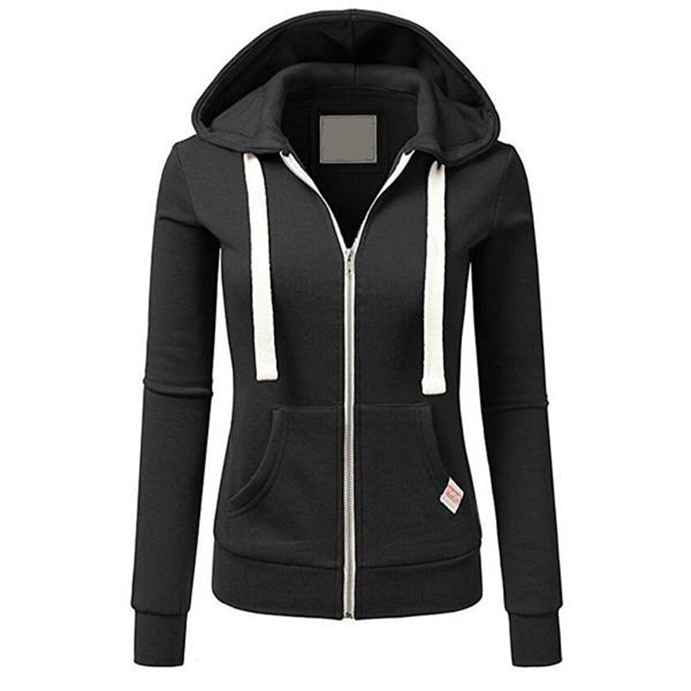 Spring/Autumn New Casual Fleece Zipped Hoodie Women Fashion Drawstring Sporty Hooded Coats Ladies Simple Sweatshirt Black
