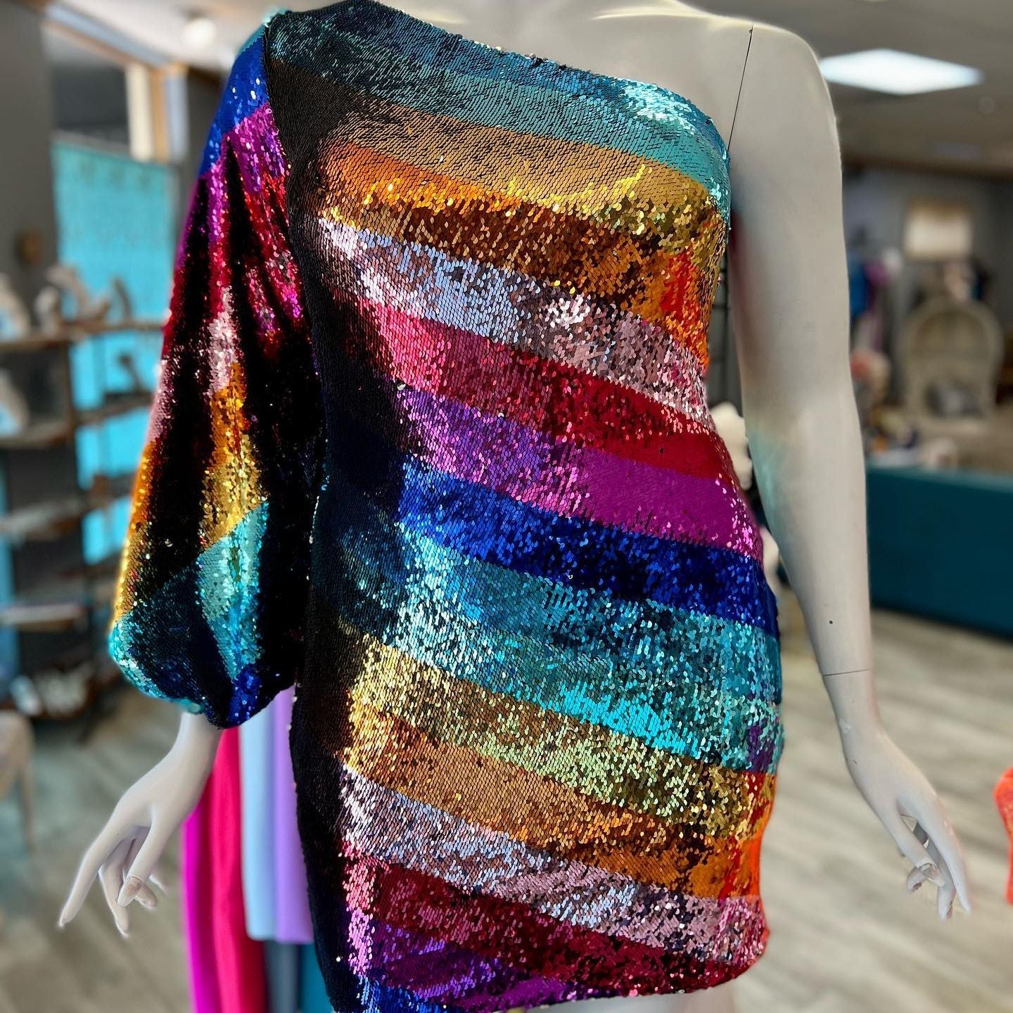 Multicolor Cocktail NYE Dress One Long Sleeve Rainbow Sequins Lady Formal Event Mini Party Gown Club Night Out Hoco Gala