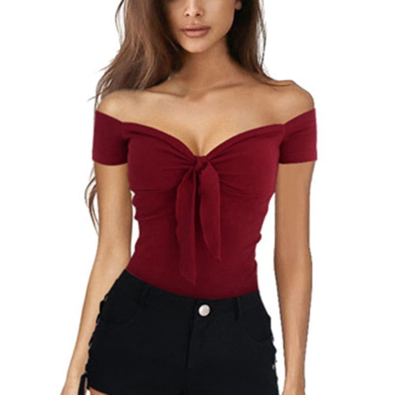 Women Sexy Off Shoulder Tops Shirt Ladies Slim Fit Slight Strech Cotton Blended Solid Bowknot Clubwear Holiday Party Blouse 2023 Red Wine Spain