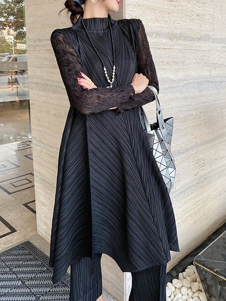 Sets Women Pleated Two Piece Set Fall Winter New Loose Casual Suit Lace Fashion Long Dress Top Pencil Pant Clothes Black One Size