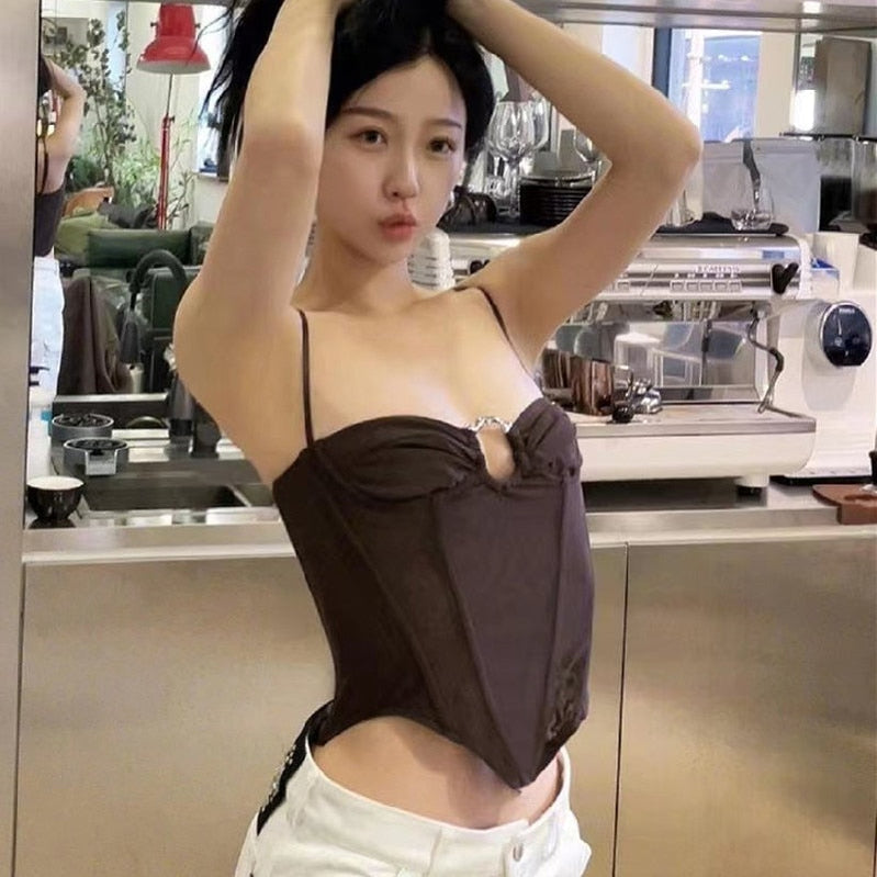 Xeemilo Spaghetti Strap Tank Top Sexy Backless Bandage Skinny Crop Tops 2023 Summer Elegant Lace Up Party Streetwear Women Camis Brown-T42H3859 Spain